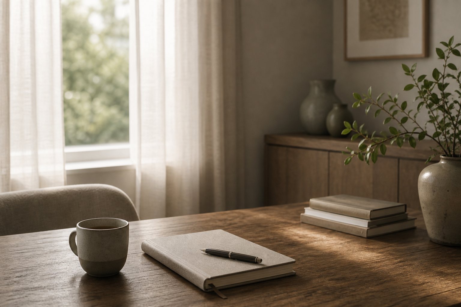 Rustig interieur met tafel en daglicht