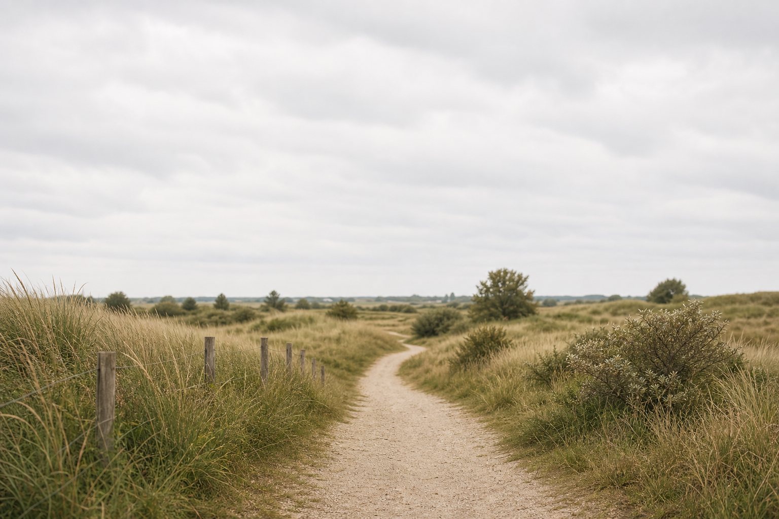 Rustig pad door duingras onder een zachte lucht